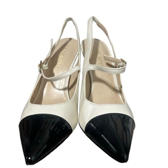 Nine West Stiletto Heels 5 Slingback Black Cap Toe Classic Elegant Chic White - Picture 3 of 9